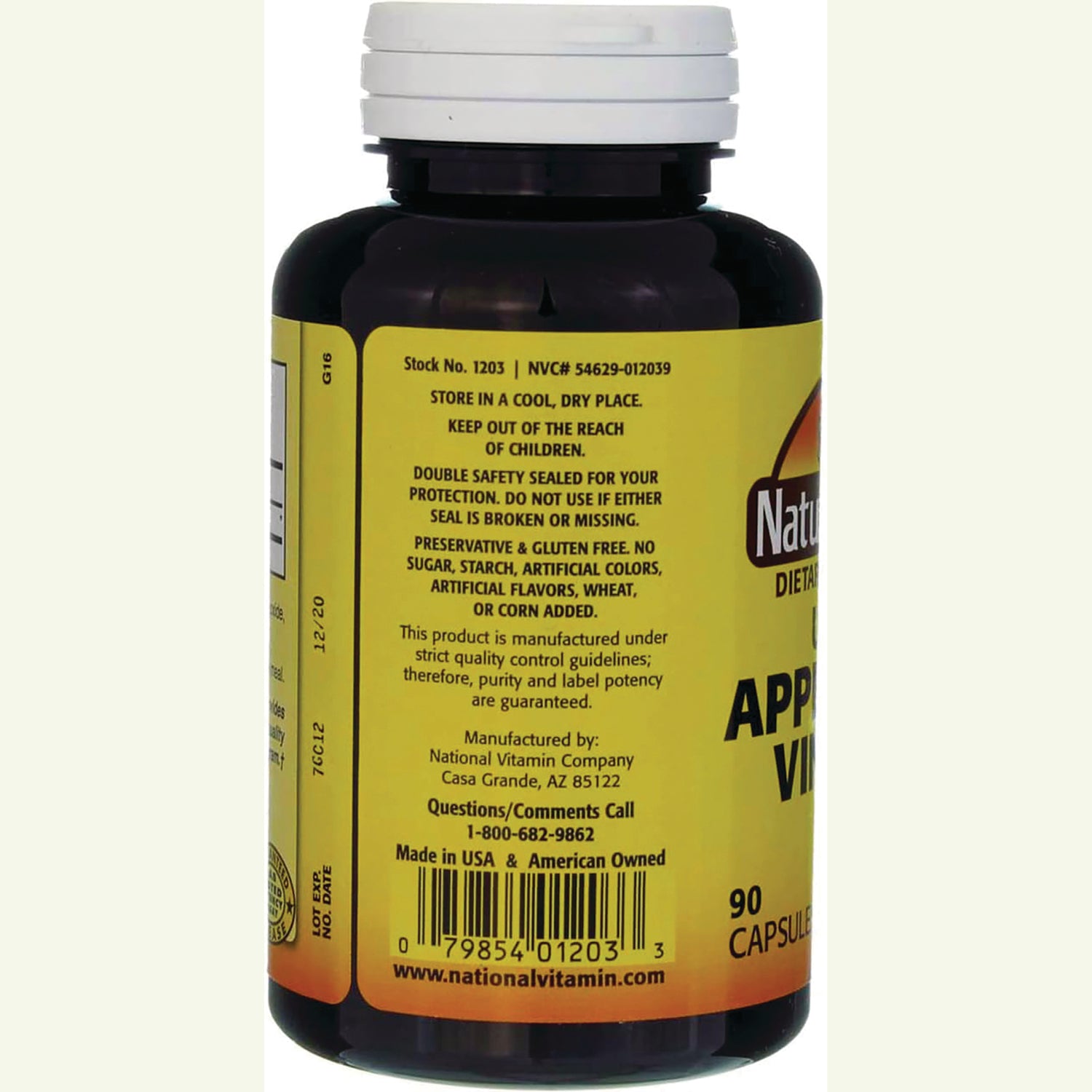 NAB121 | Back label of supplement bottle showing storage and safety instructions, barcode, manufacturer info and 90 capsules