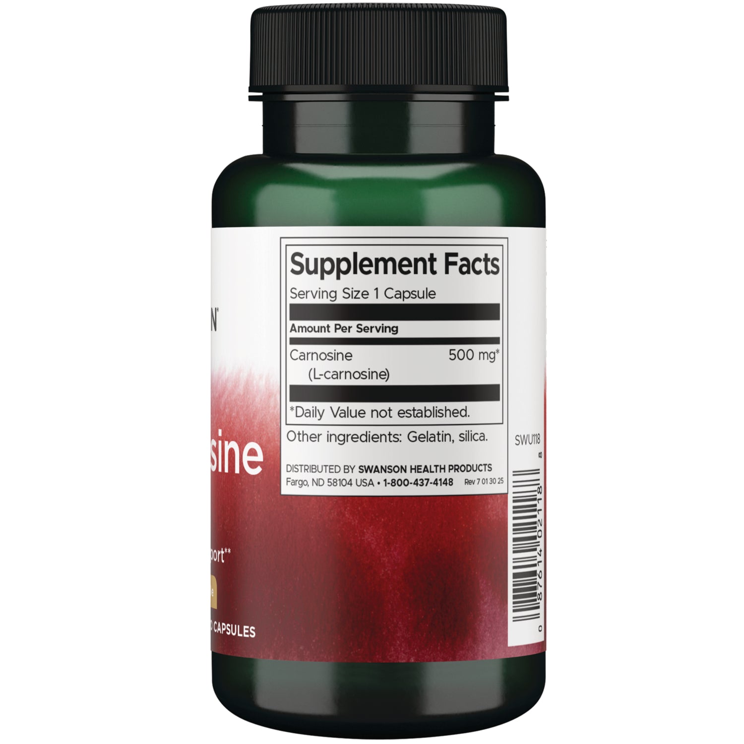 SWU118 | Back label with Supplement Facts: serving size 1 capsule; Carnosine (L-carnosine) 500 mg