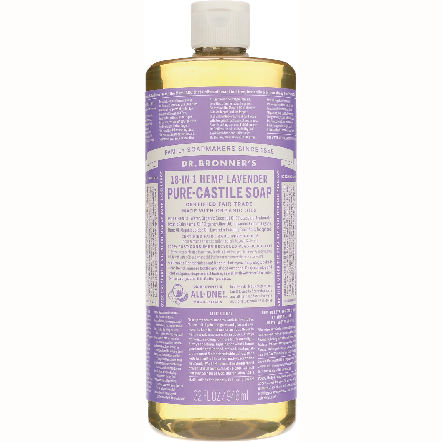 DRB025 | Dr. Bronner's 18-in-1 Hemp Lavender Pure-Castile Soap bottle labeled 32 FL OZ 946 mL