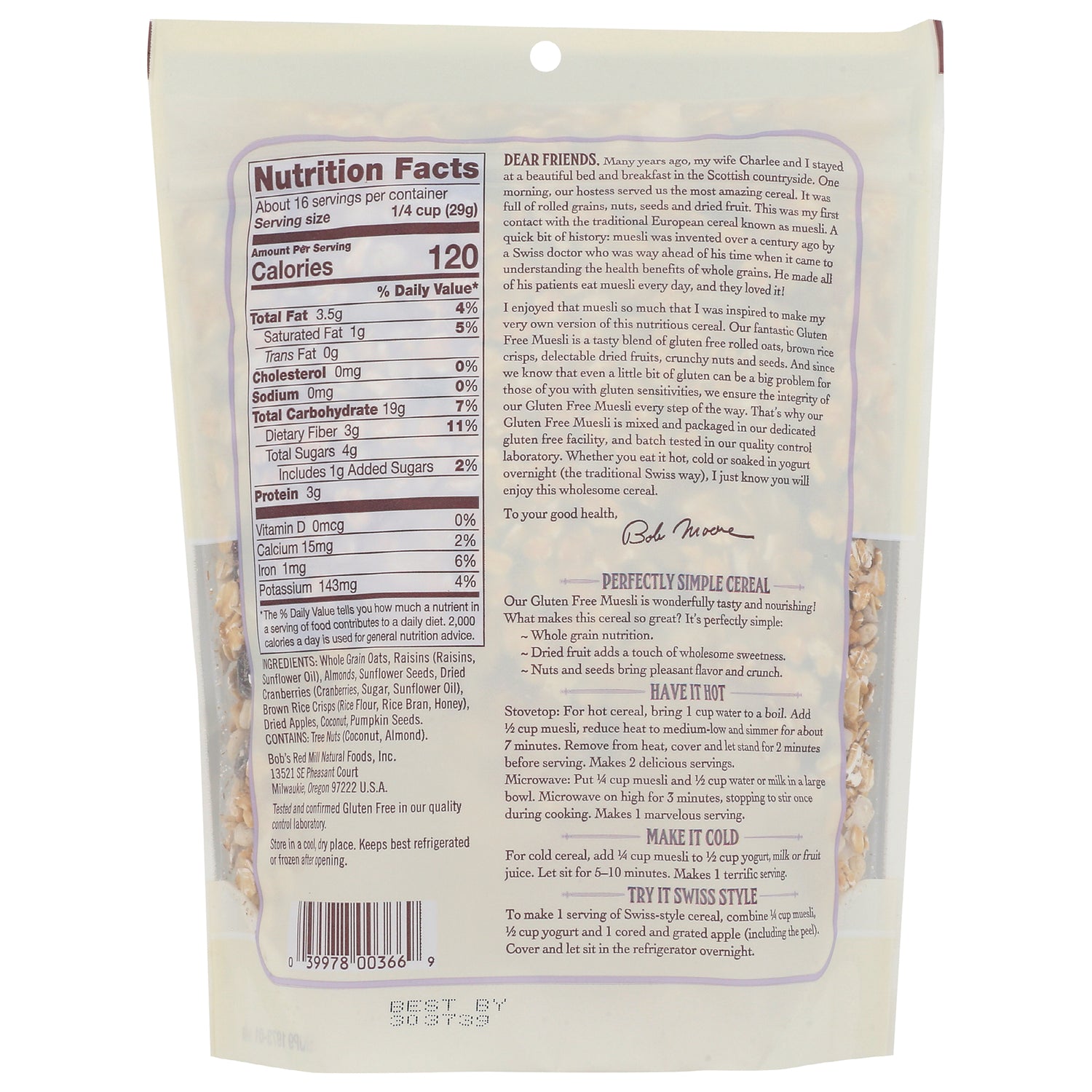 BOB136 | Back of cereal bag showing Nutrition Facts panel, ingredients and serving instructions