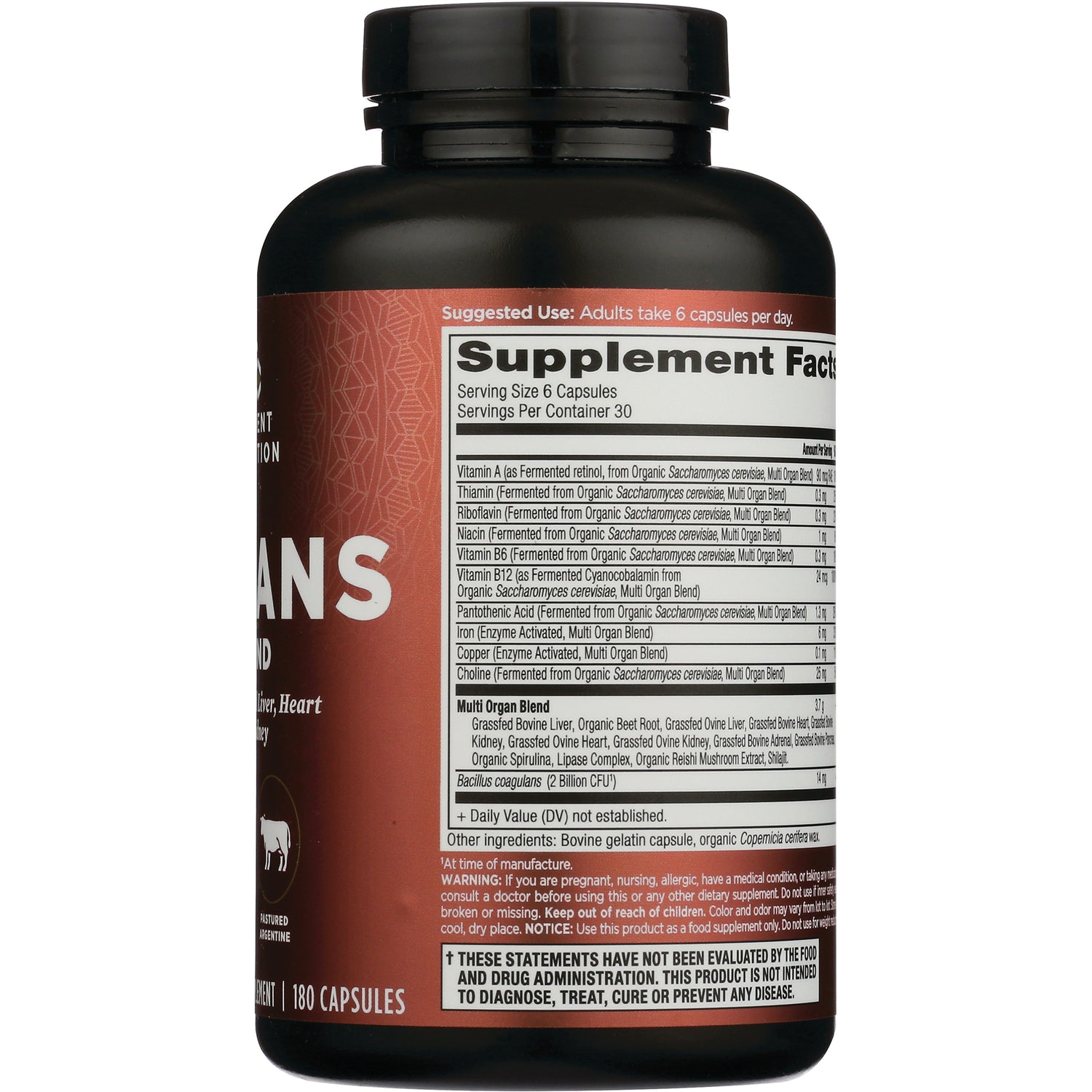 ATN099 | Supplement Facts panel and ingredient text on back of brown supplement bottle, 180 capsules
