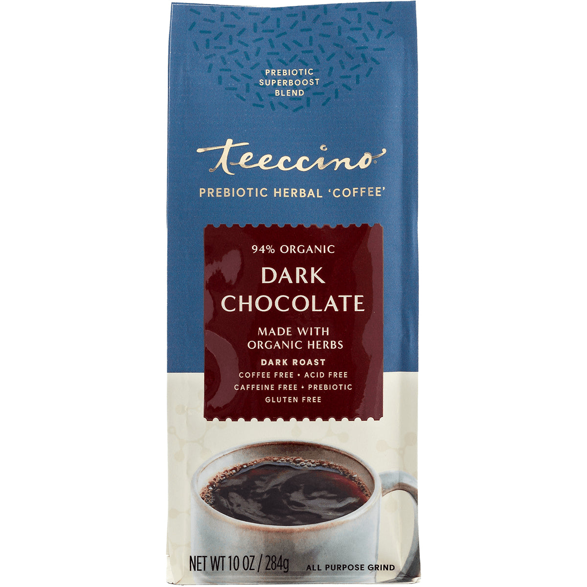 TCN026 | Teeccino Prebiotic Herbal Coffee Dark Chocolate, dark roast, 10 oz bag