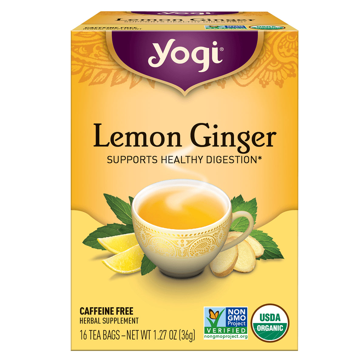AHW025 | Yogi Lemon Ginger tea box with cup illustration, 16 tea bags, caffeine free, USDA Organic and Non-GMO logos