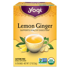 AHW025 | Yogi Lemon Ginger tea box with cup illustration, 16 tea bags, caffeine free, USDA Organic and Non-GMO logos