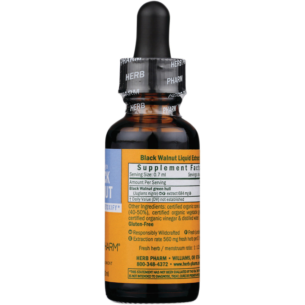 HPH004 | Back of amber dropper bottle showing supplement facts panel and ingredients for Black Walnut Liquid Extract - Thumbnail