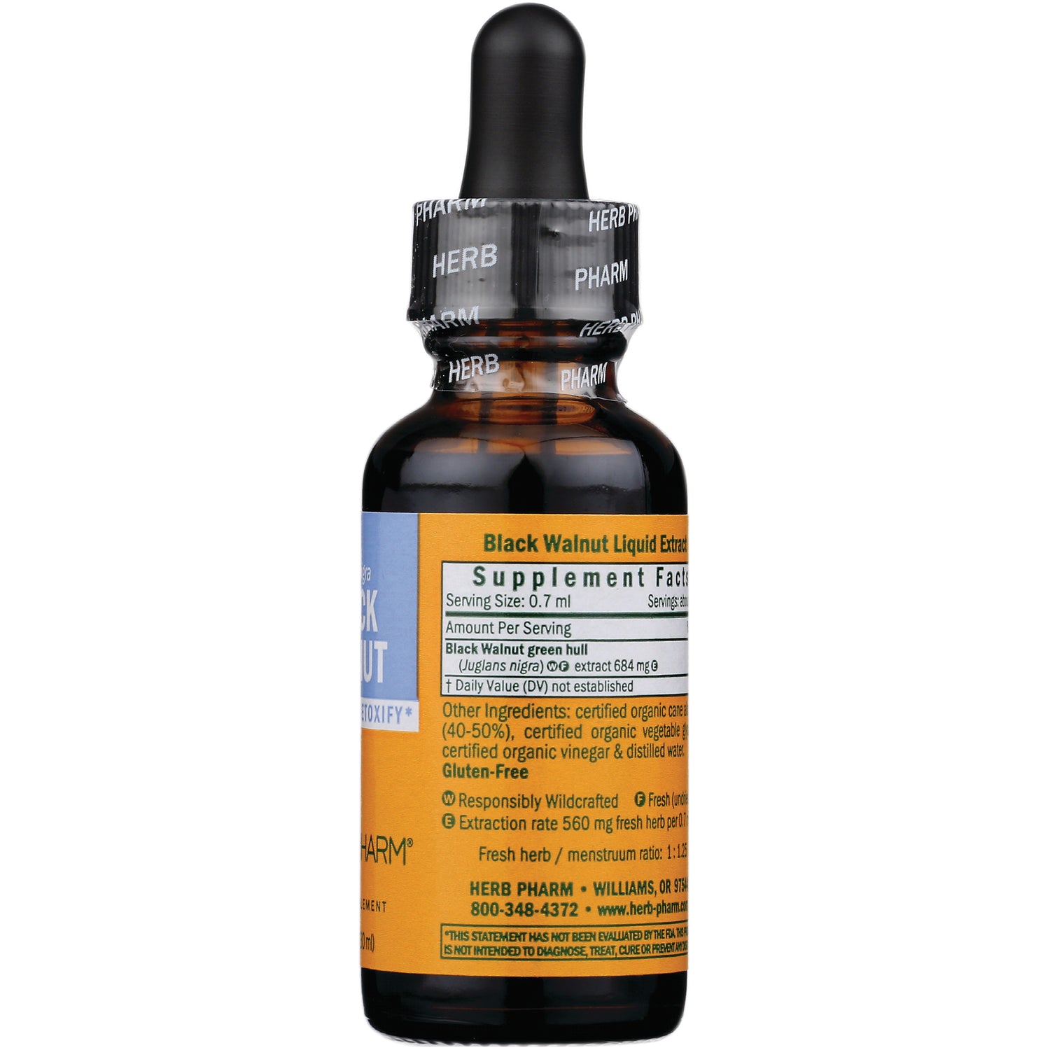 HPH004 | Back of amber dropper bottle showing supplement facts panel and ingredients for Black Walnut Liquid Extract