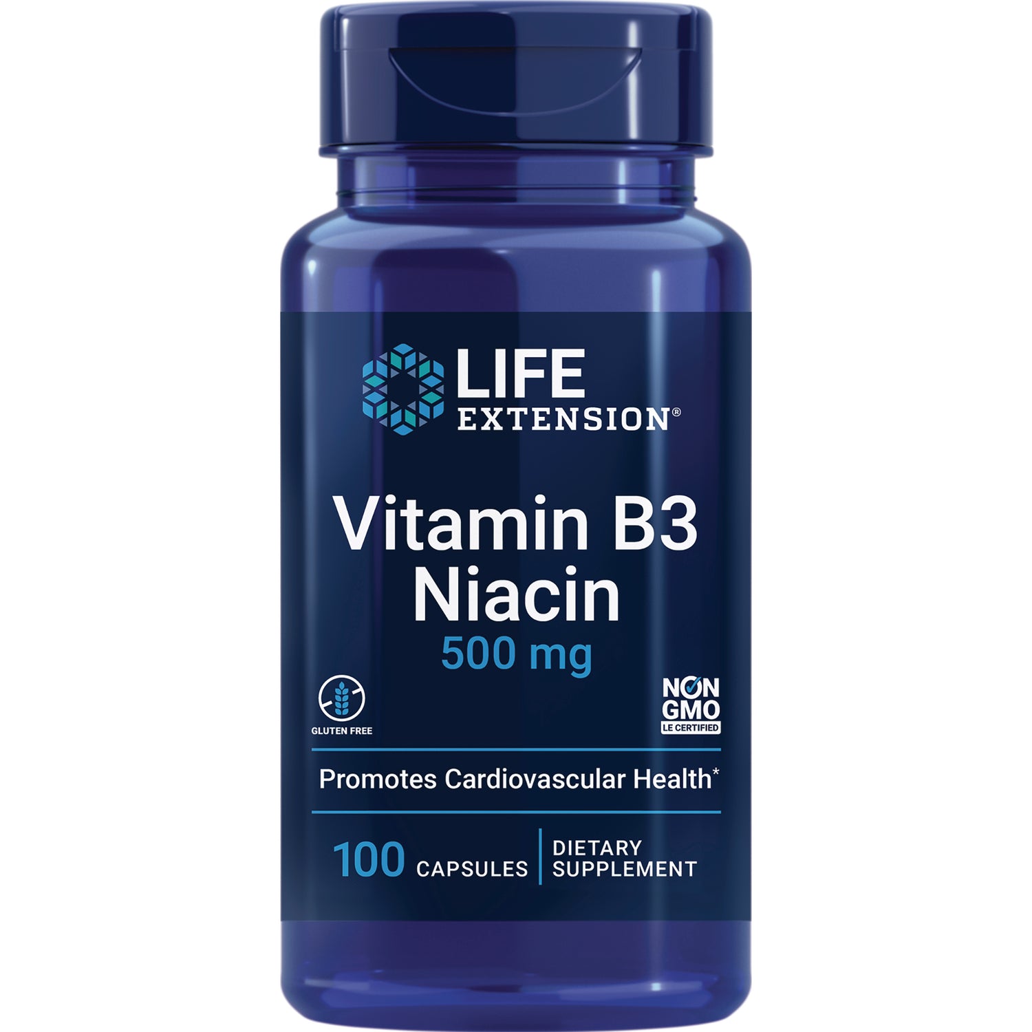 LE361 | Life Extension Vitamin B3 Niacin 500 mg bottle, 100 capsules front label