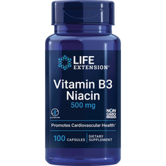 LE361 | Life Extension Vitamin B3 Niacin 500 mg bottle, 100 capsules front label