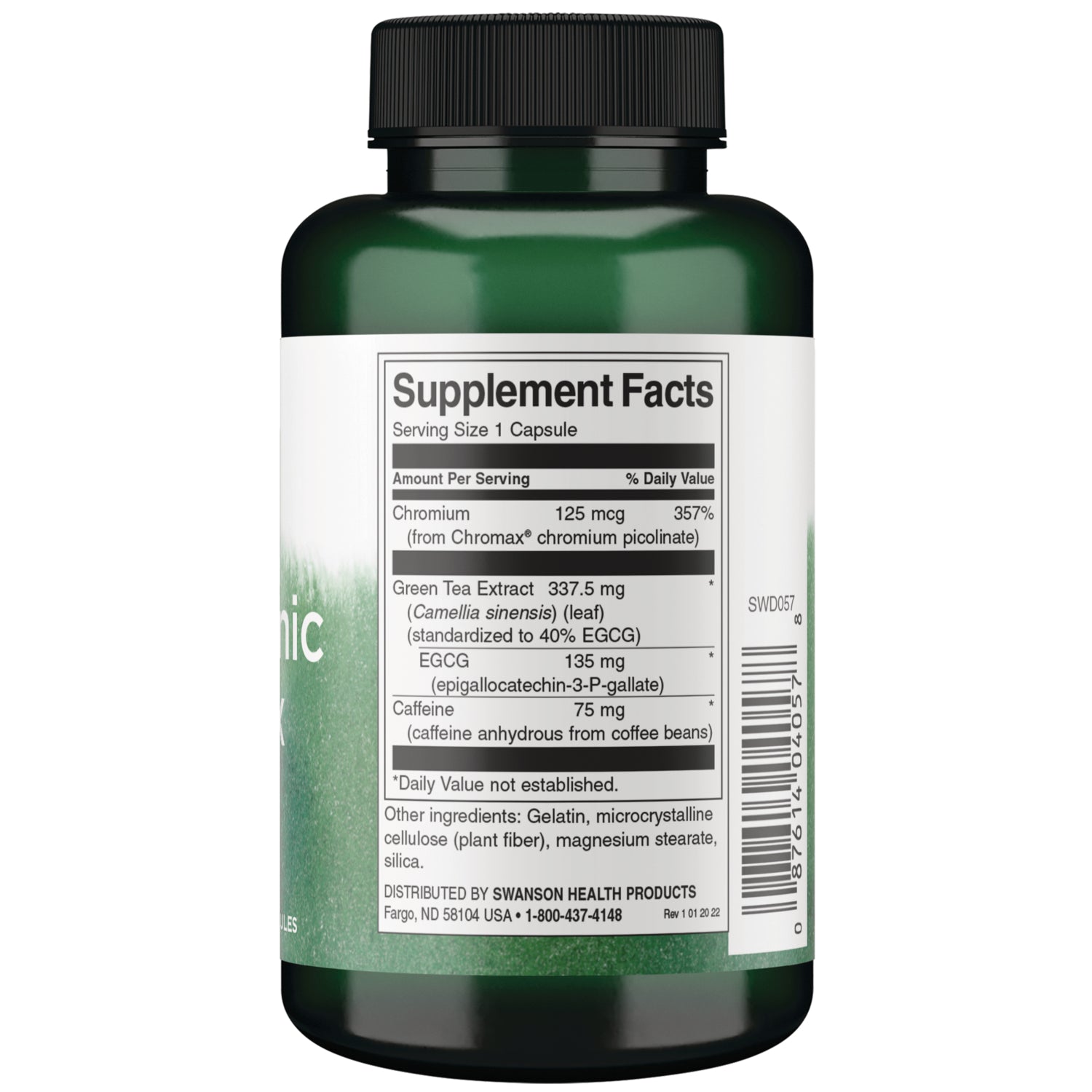 SWD057 | Back label Supplement Facts panel: Serving Size 1 Capsule; chromium, green tea extract, EGCG, caffeine, barcode