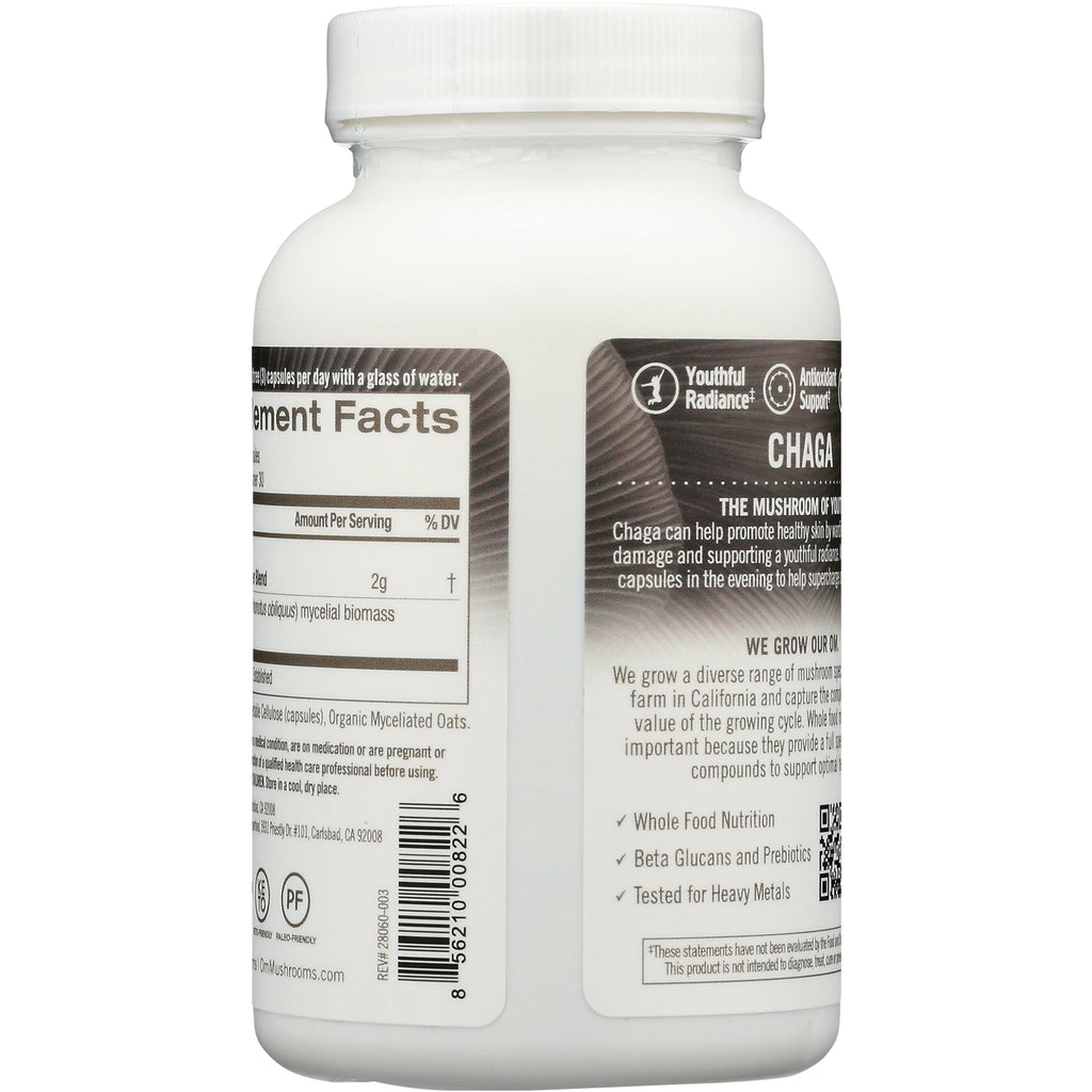 MMX023 | Back label of white supplement bottle showing Supplement Facts panel, barcode, and Chaga product description - Thumbnail