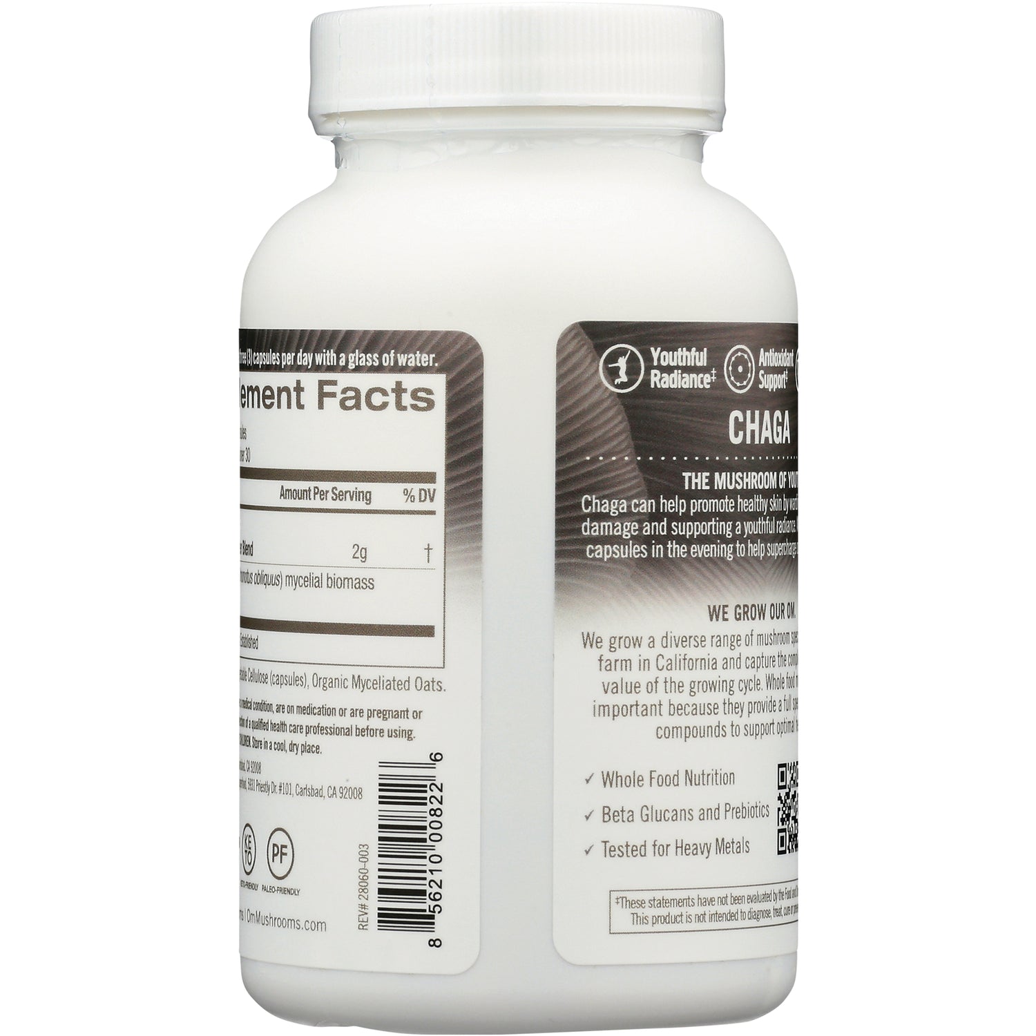 MMX023 | Back label of white supplement bottle showing Supplement Facts panel, barcode, and Chaga product description