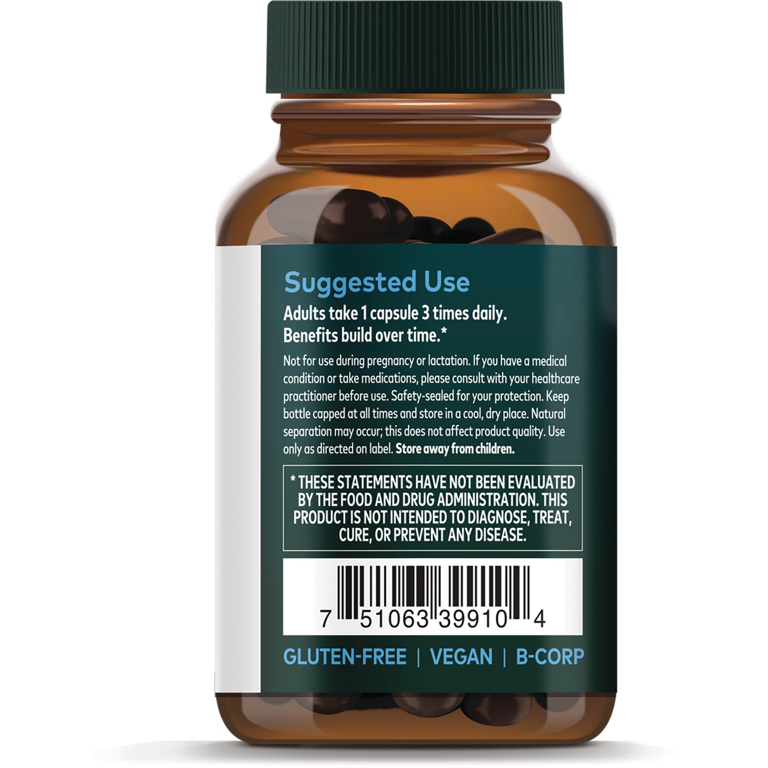 GH154 | back label with Suggested Use directions, FDA disclaimer box and barcode on amber bottle with capsules