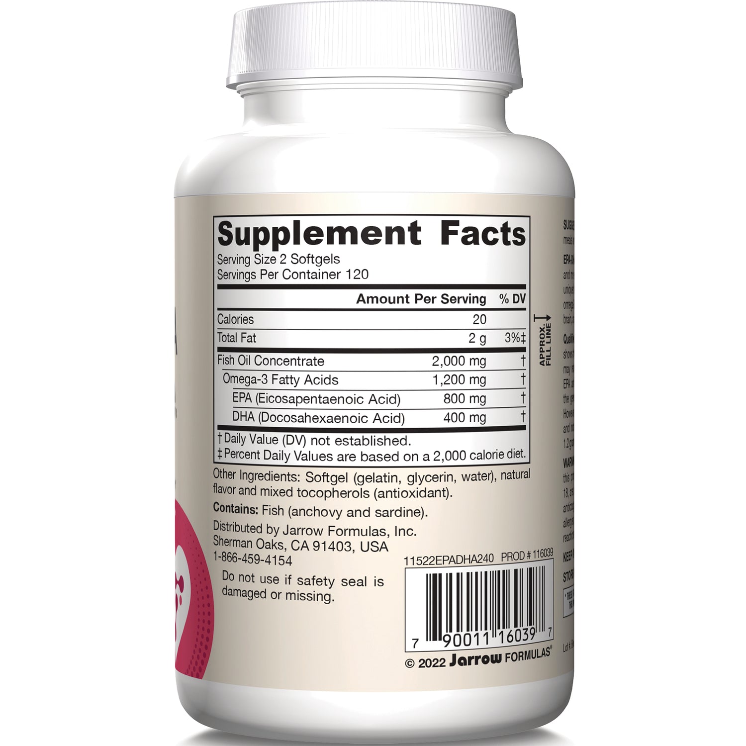 JR189 | Back label with Supplement Facts panel, ingredients, and barcode on white supplement bottle