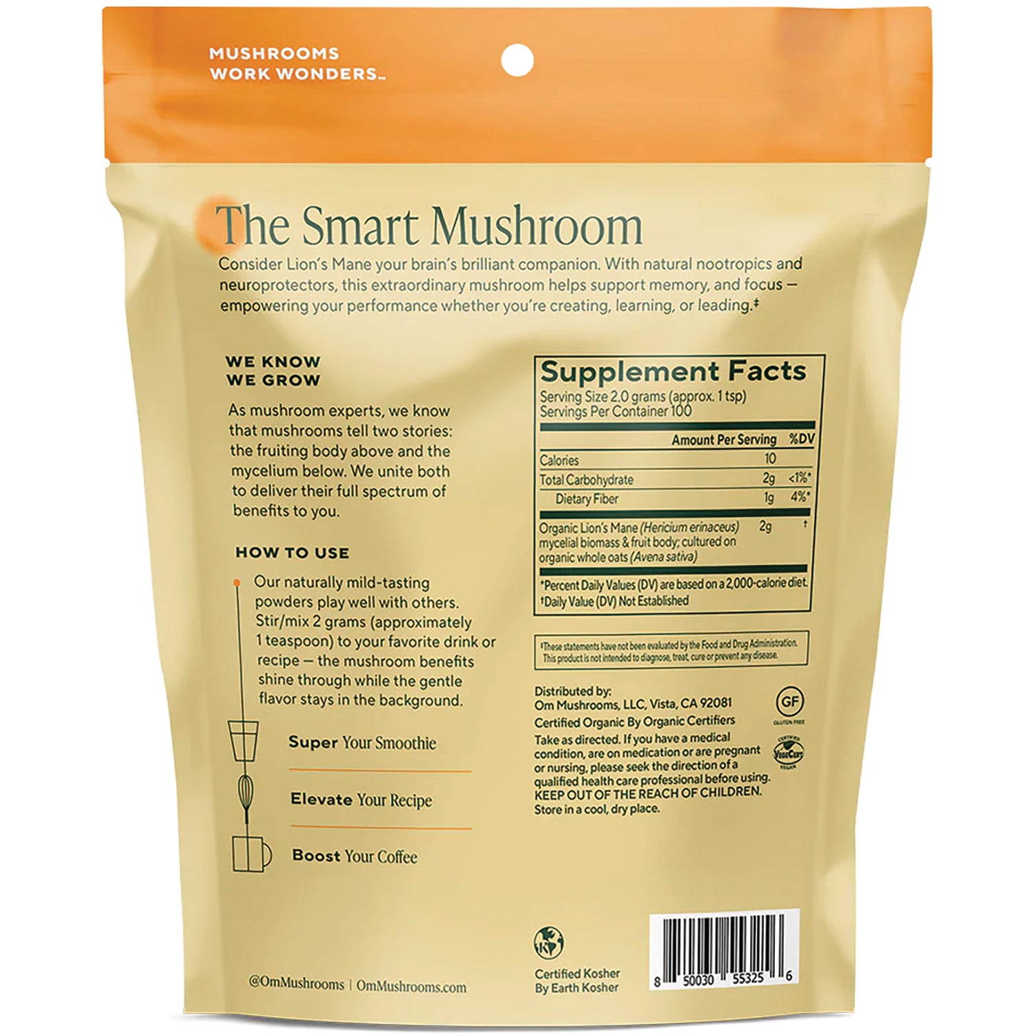 MMX041 | Back of white mushroom supplement pouch showing Supplement Facts, Lion's Mane description, QR code and barcode