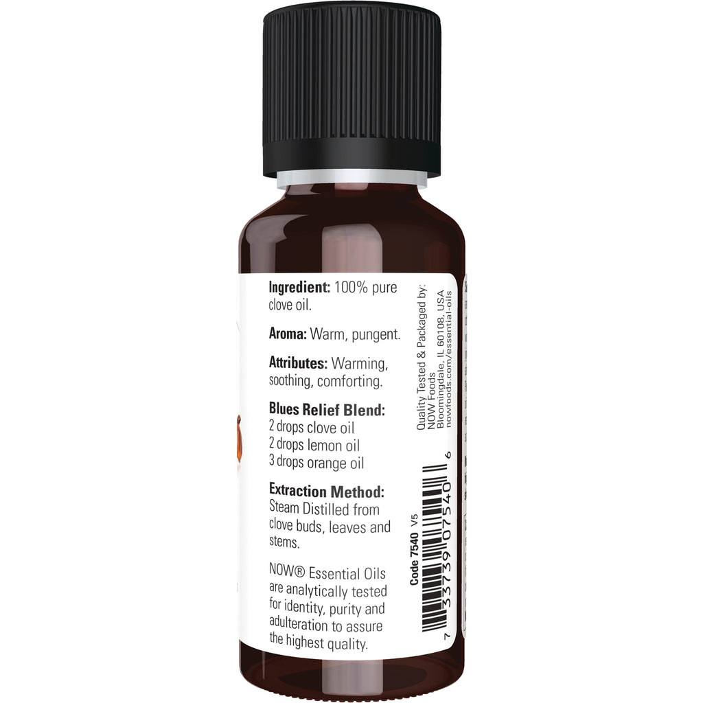 NWF040 | back label of brown essential oil bottle showing ingredients, aroma, attributes, blend directions and barcode - Thumbnail