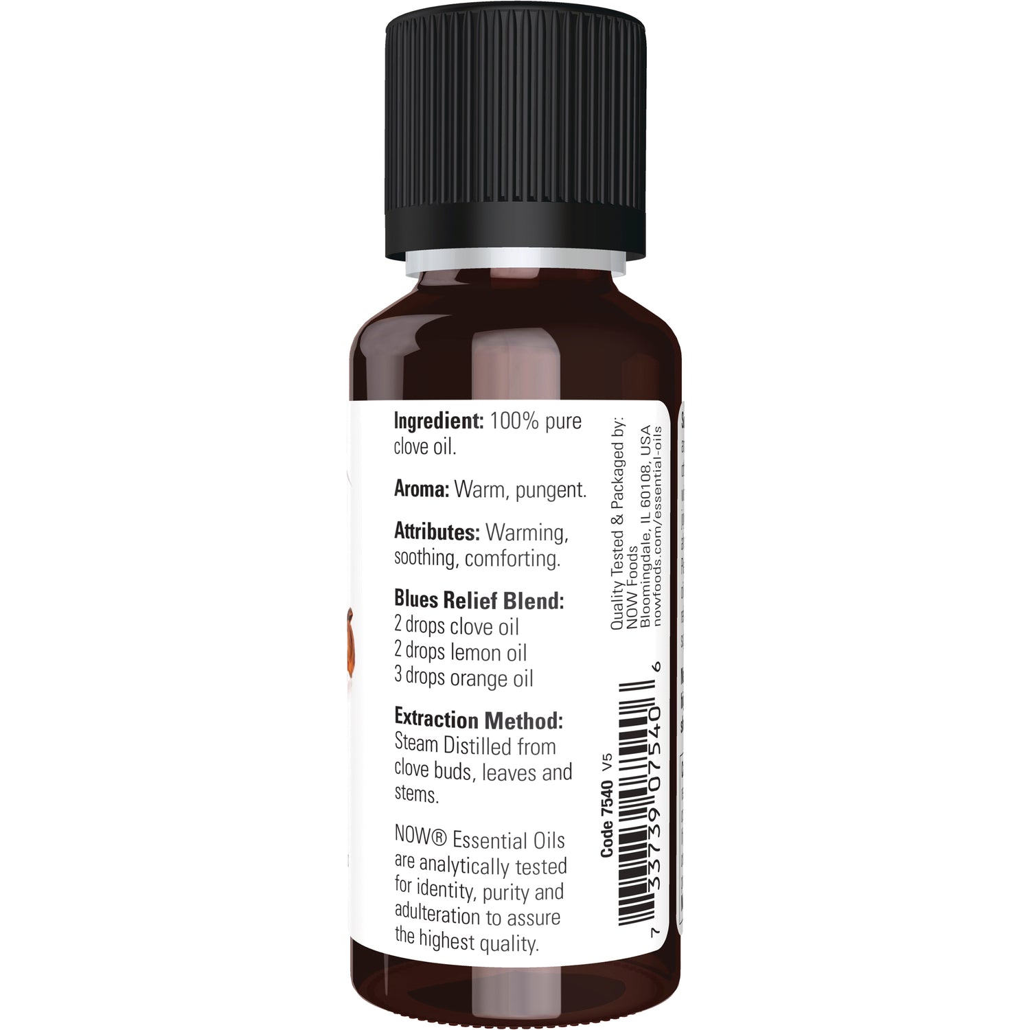 NWF040 | back label of brown essential oil bottle showing ingredients, aroma, attributes, blend directions and barcode