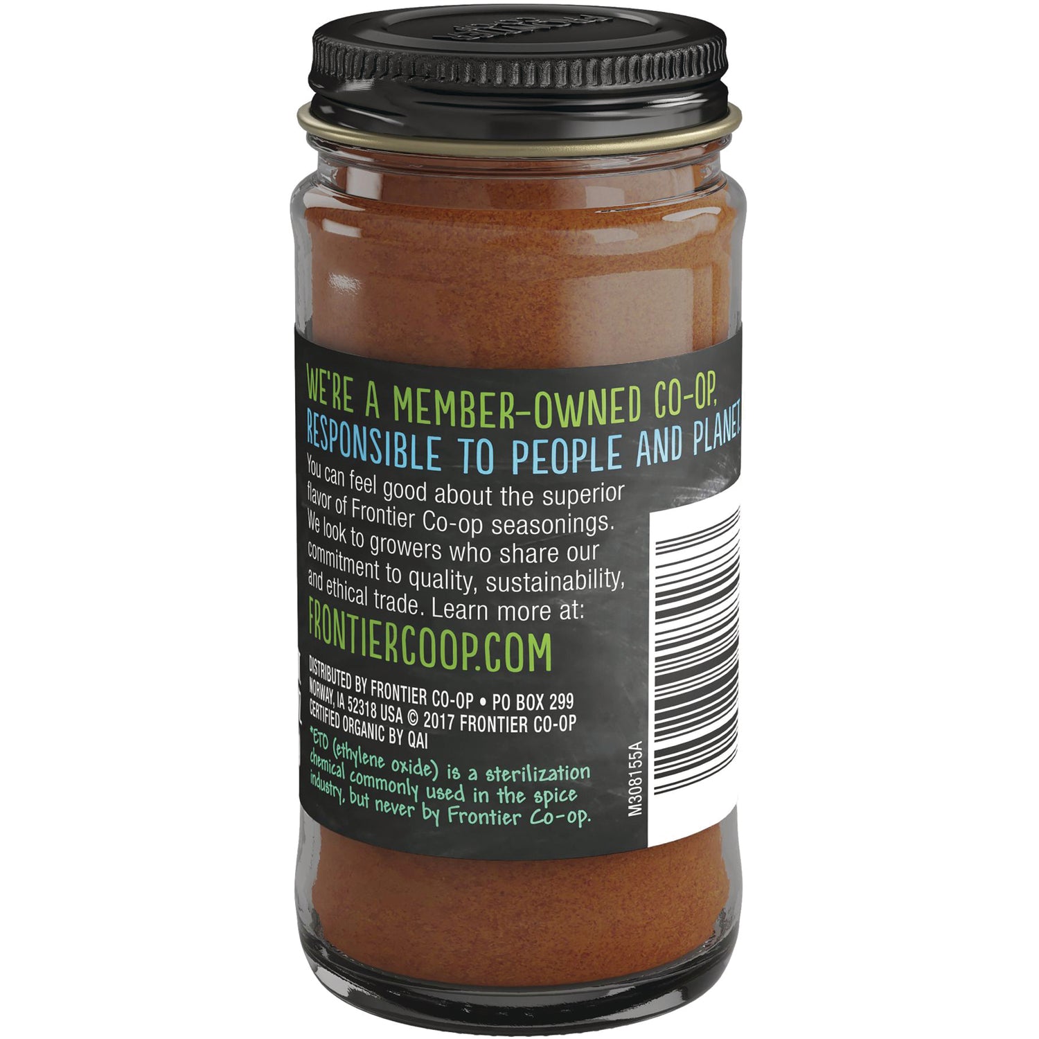 FNP009 | Back of glass spice jar showing label with FRONTIERCOOP.COM, product info text and barcode