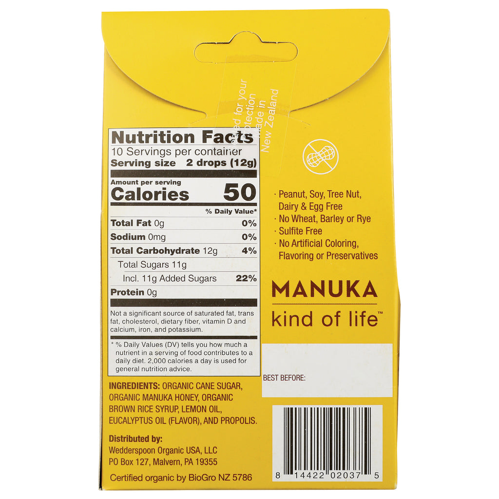 WED025 | Back of package with Nutrition Facts, 50 calories per serving, ingredients and allergen info; MANUKA kind of life - Thumbnail