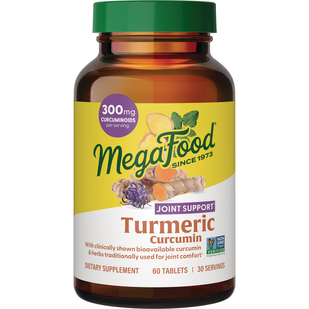 MGF062 | Amber supplement bottle of MegaFood Turmeric Curcumin Joint Support label reading 300mg curcuminoids 60 tablets - Thumbnail