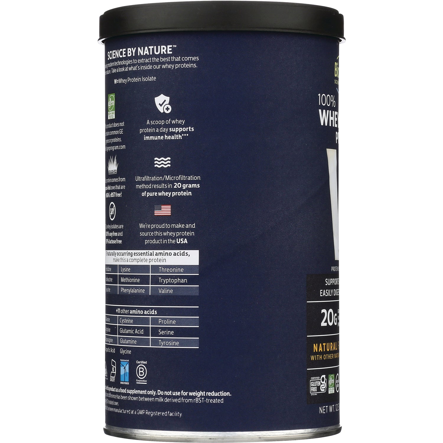 CRL232 | product infographic of a protein can label showing 20 grams of pure whey protein, amino acid table, and product claims