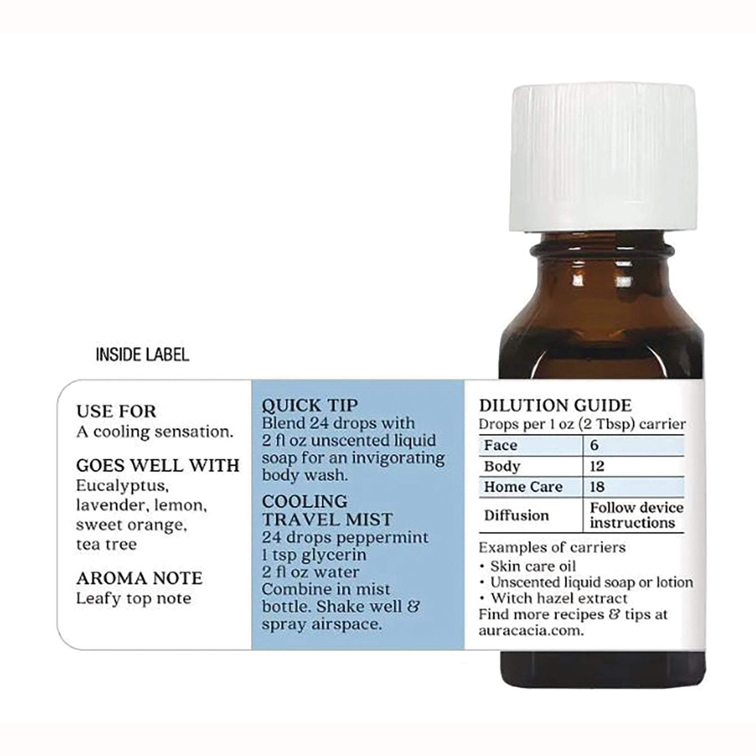 ARC005 | back label on amber essential oil bottle showing dilution guide, usage tips, and blending instructions