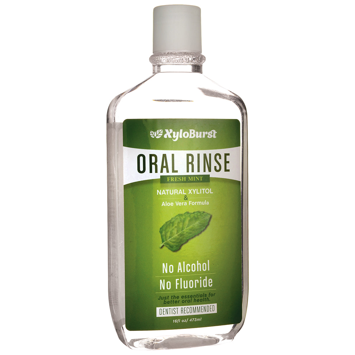 XYB010 | XyloBurst Oral Rinse, Fresh Mint mouthwash bottle front, No Alcohol, No Fluoride, 16 fl oz