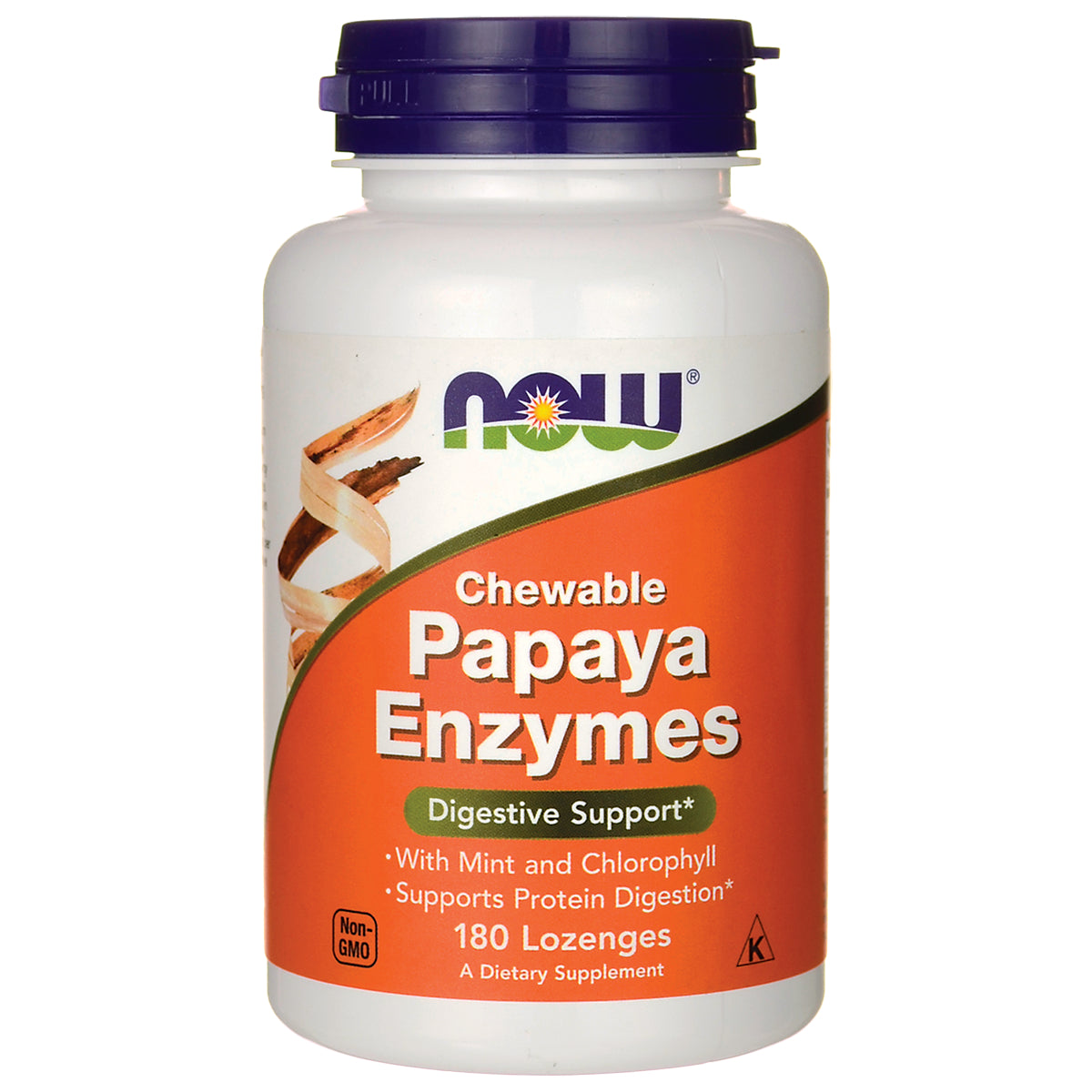 NWF388 | NOW Chewable Papaya Enzymes bottle, 180 lozenges, orange label, digestive support