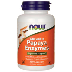 NWF388 | NOW Chewable Papaya Enzymes bottle, 180 lozenges, orange label, digestive support