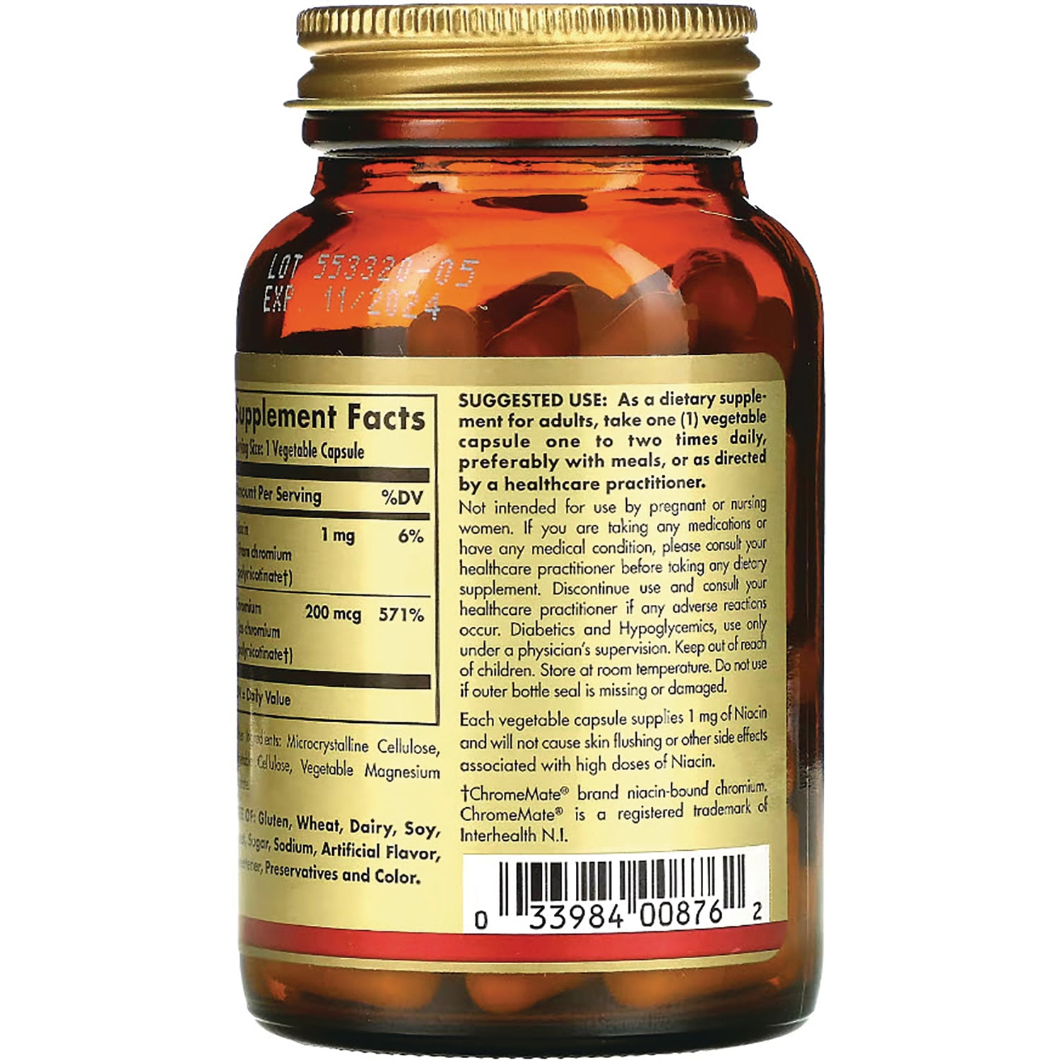 SLG321 | Back of amber supplement bottle showing Supplement Facts panel, suggested use text, and barcode