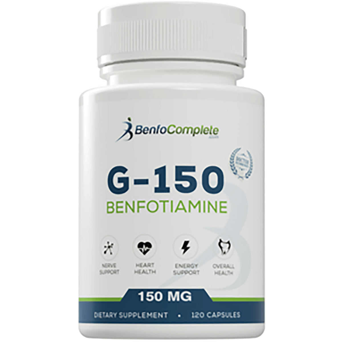 BFT002 | White supplement bottle labeled G-150 Benfotiamine 150 MG with BentoComplete logo
