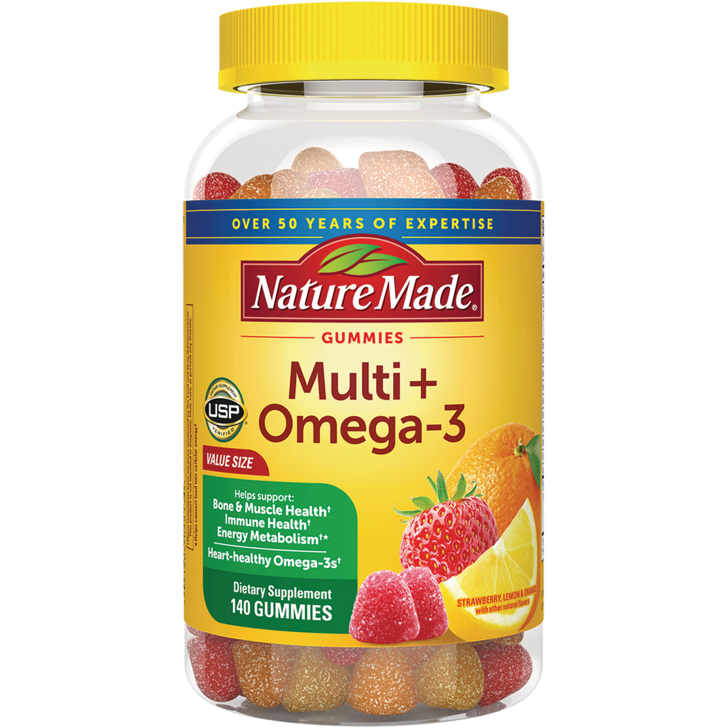 NTM140 | Nature Made Multi+ Omega-3 gummy bottle, front label showing 140 gummies and fruit images - Thumbnail