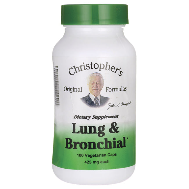 DCR055 | Christopher's Lung & Bronchial dietary supplement bottle with green cap, 100 Vegetarian Caps 425 mg label