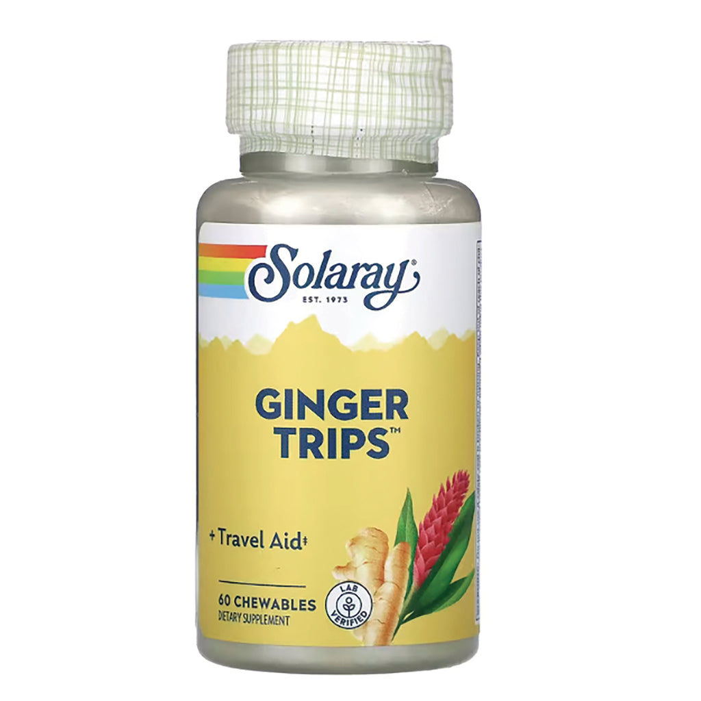 SLR299 | Solaray Ginger Trips + Travel Aid, 60 chewables dietary supplement bottle - Thumbnail