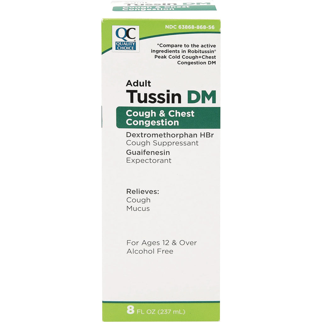 QCH021 | Adult Tussin DM cough and chest congestion box labeled Dextromethorphan HBr and Guaifenesin 8 FL OZ (237 mL) - Thumbnail