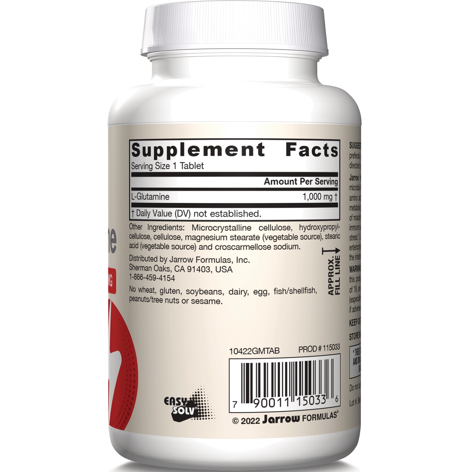 JR089 | Back label showing Supplement Facts panel with L-Glutamine 1,000 mg, ingredients list and barcode