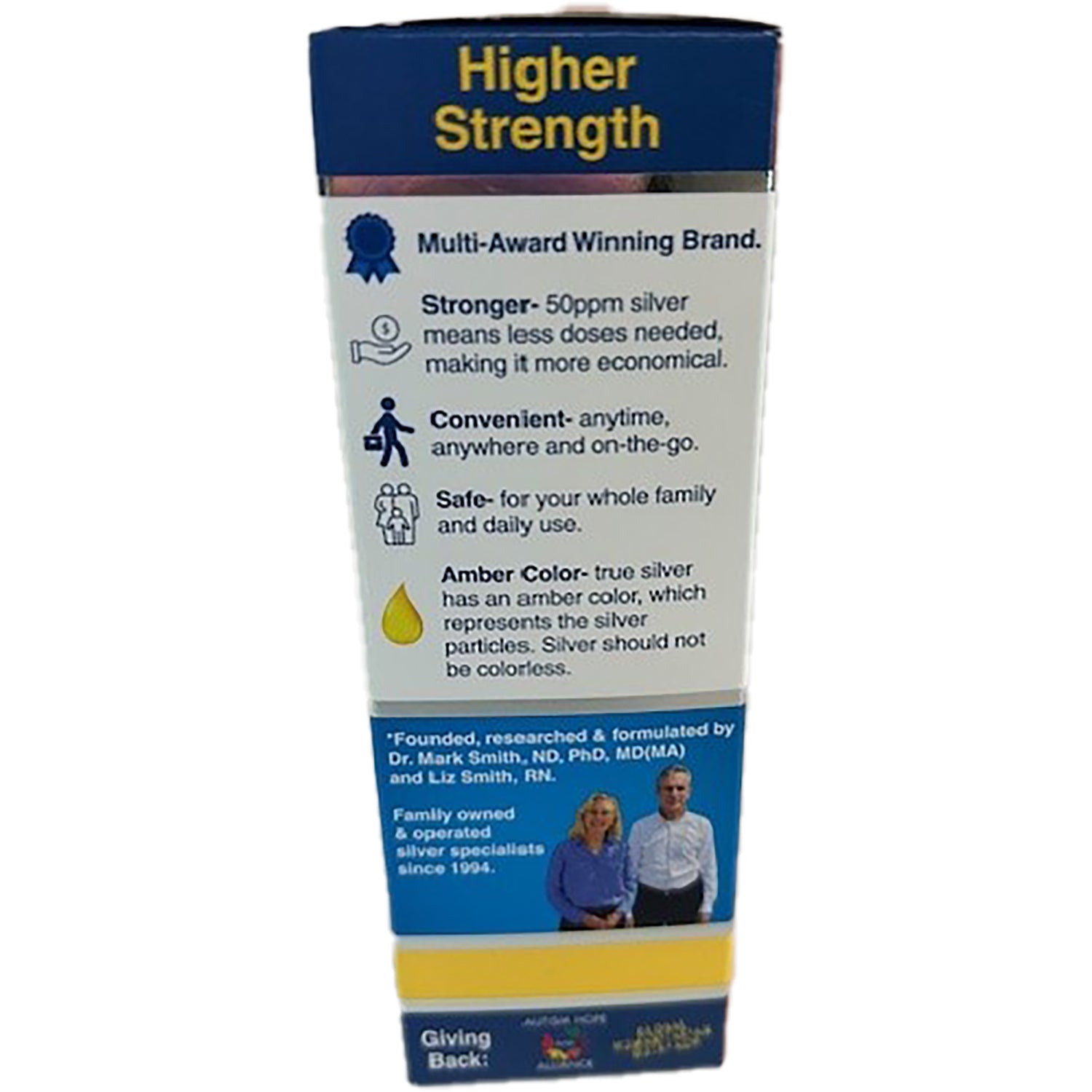 NPS007 | narrow product box side panel listing Higher Strength, benefits, amber color note and founders photo