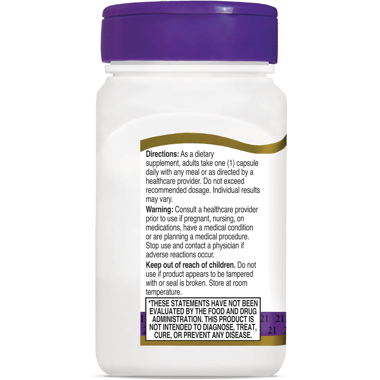 CNT286 | Back label of white supplement bottle showing directions, warning, keep out of reach of children, and FDA disclaimer
