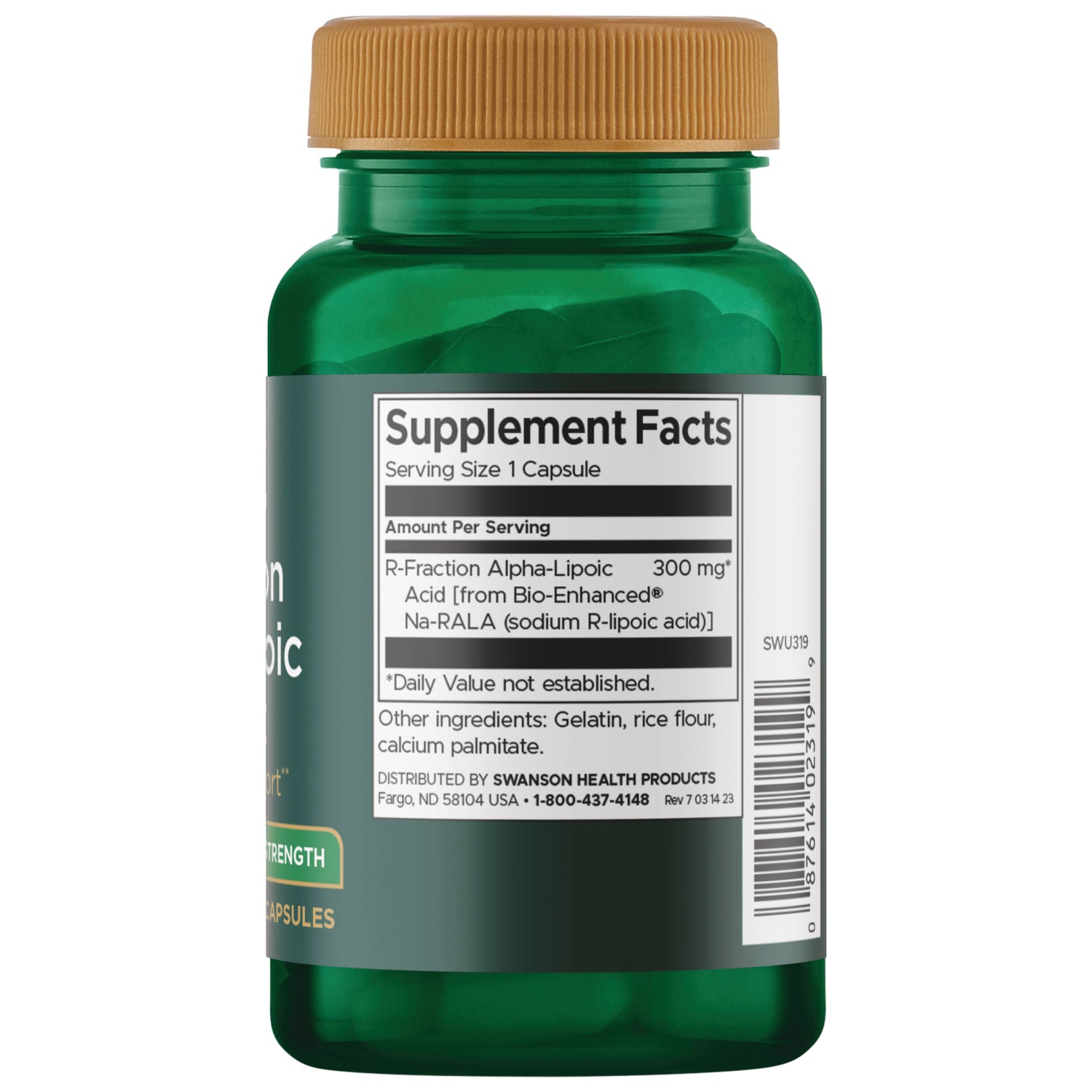 SWU319 | Back label with Supplement Facts for R-Fraction Alpha-Lipoic Acid 300 mg