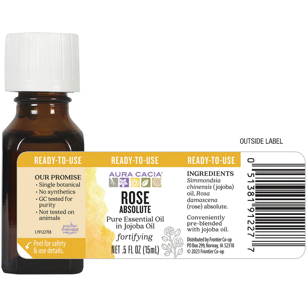 ARC038 | Amber bottle back label showing Rose Absolute Pure Essential Oil in Jojoba Oil label, ingredients and barcode - Thumbnail