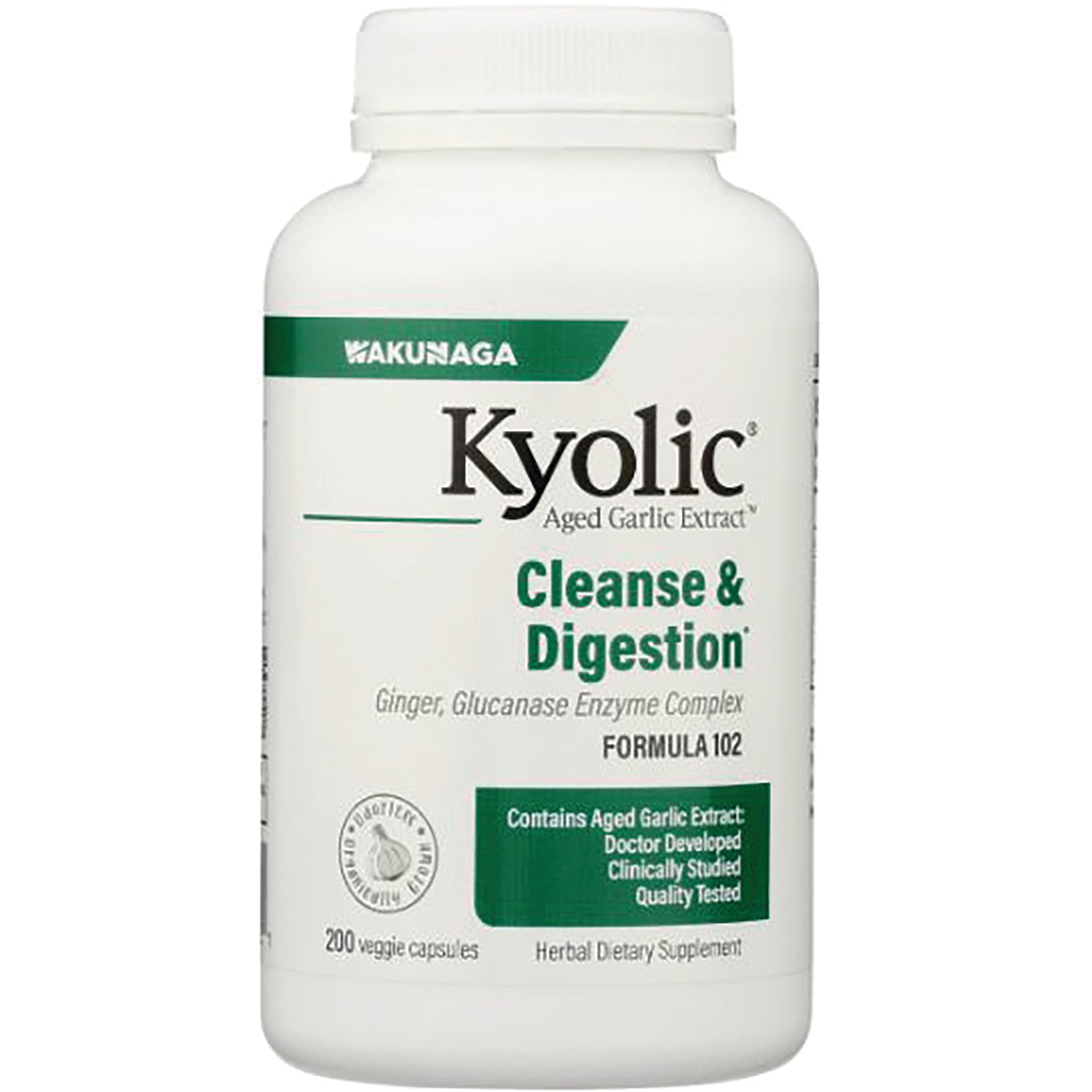 KY094 | Kyolic Aged Garlic Extract Cleanse & Digestion supplement bottle, Formula 102, 200 veggie capsules