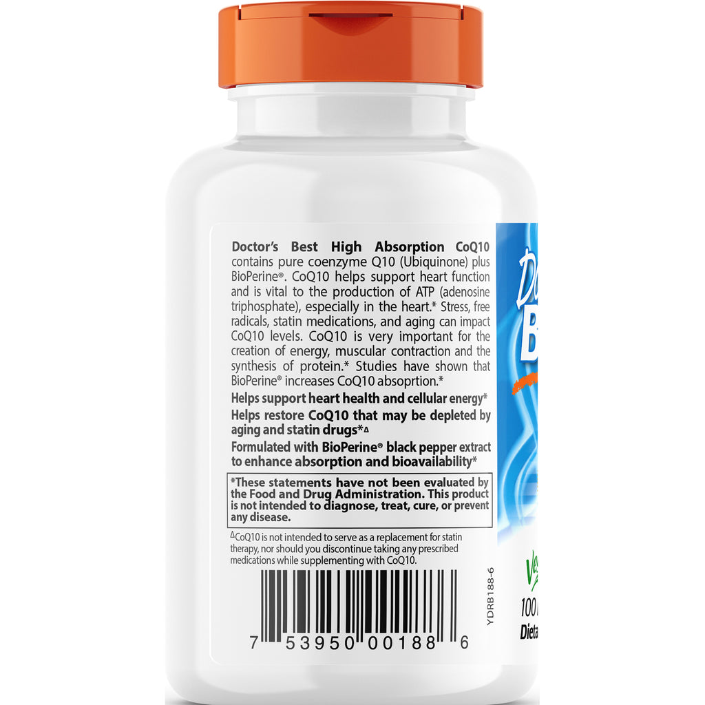 DB157 | Back label of Doctor's Best High Absorption CoQ10 bottle showing ingredient text, warnings, and barcode - Thumbnail