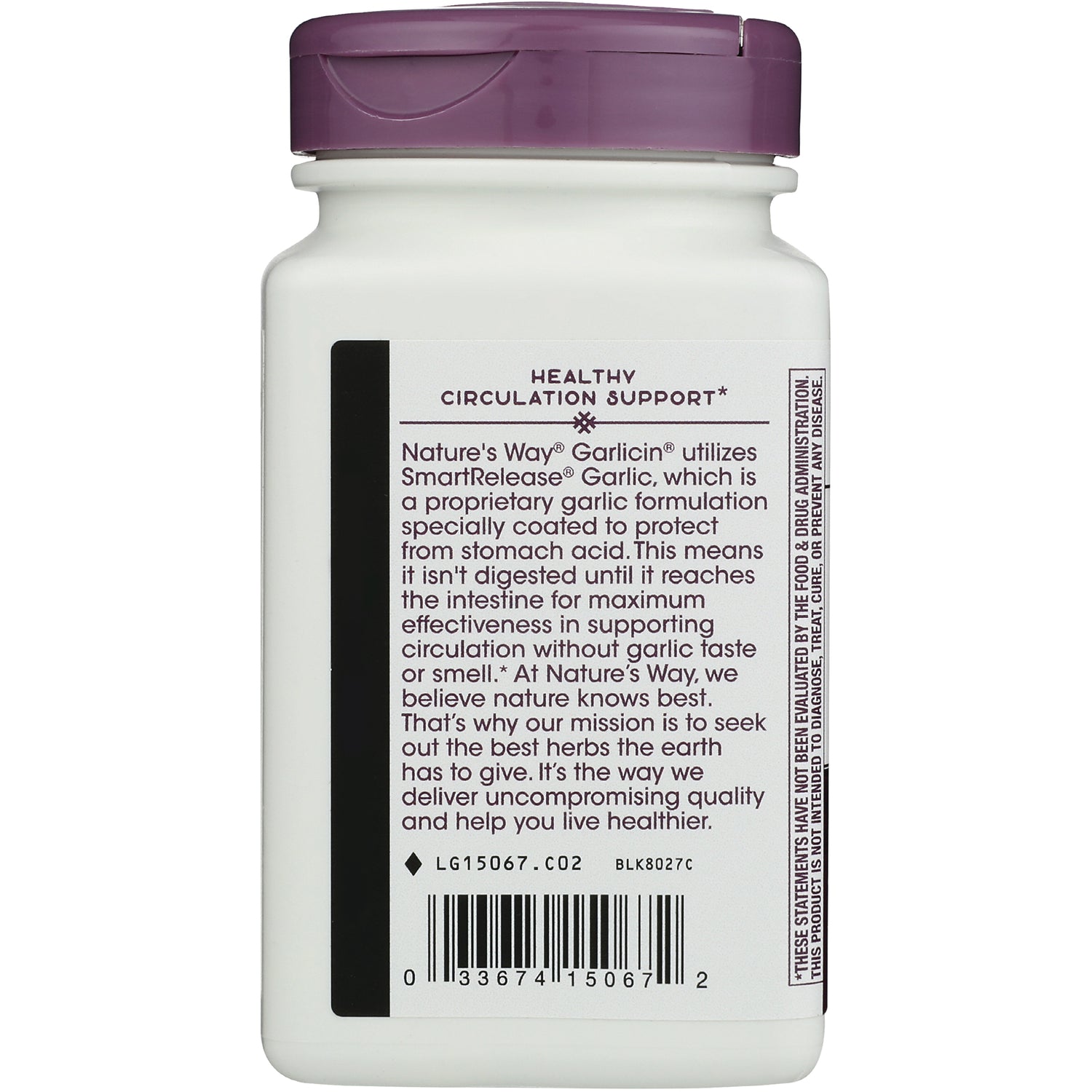 NW731 | back label showing circulation support text, barcode and product information on white bottle with purple cap