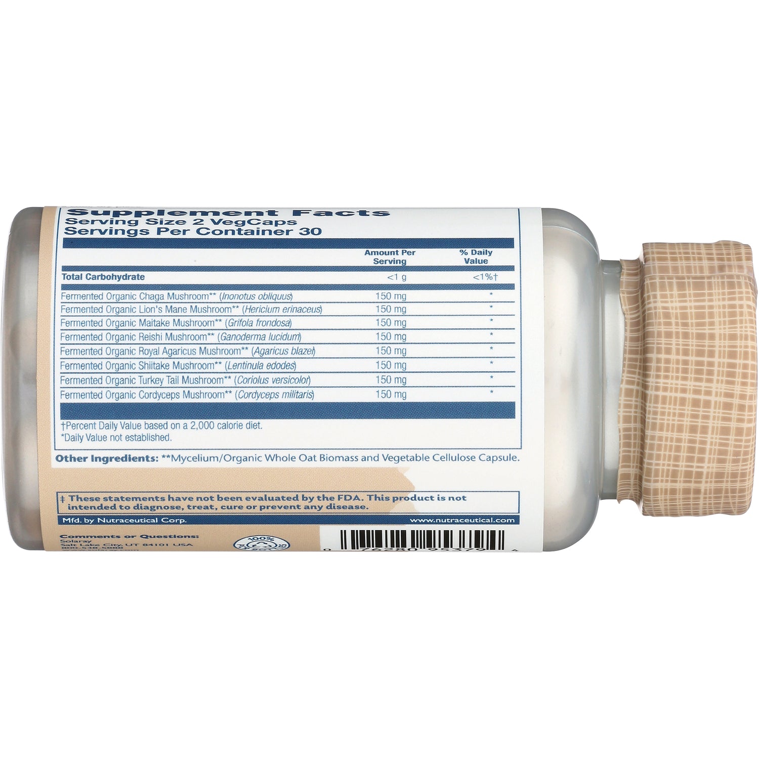 SLR463 | back label showing supplement facts, ingredient list and barcode on white bottle with beige patterned cap