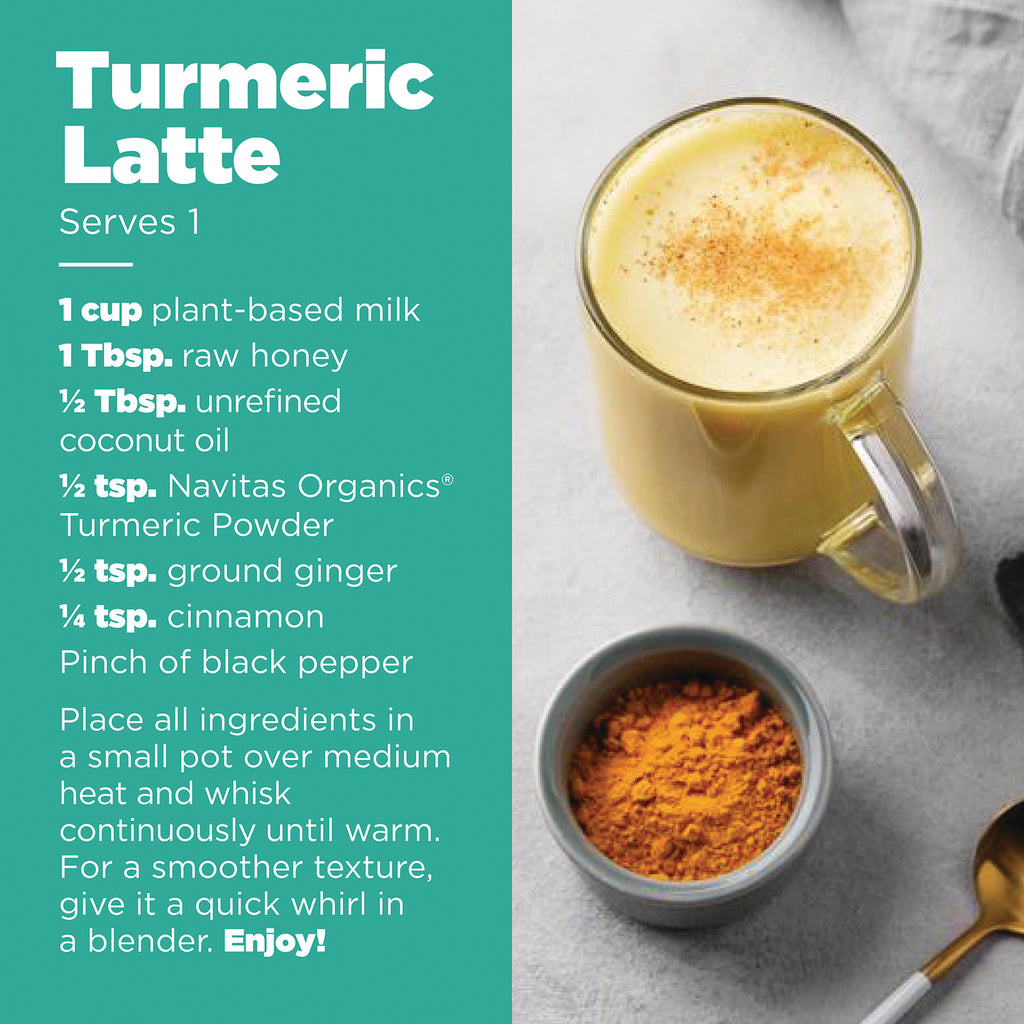 NAV063 | Turmeric latte recipe card with ingredients list, a mug of latte, and a bowl of turmeric powder - Thumbnail