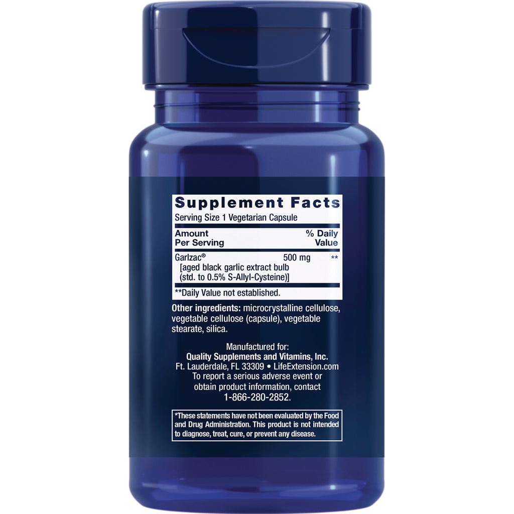 LE594 | back label showing Supplement Facts with serving size 1 vegetarian capsule, Garlzac 500 mg and other ingredients - Thumbnail
