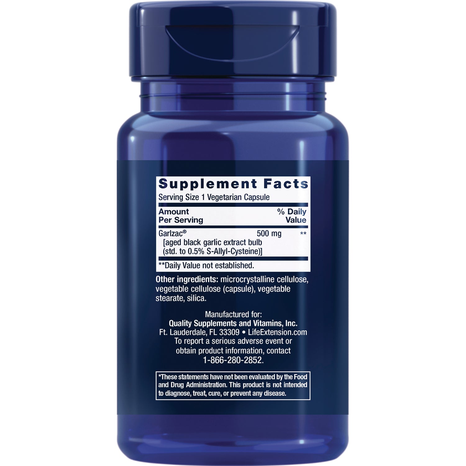LE594 | back label showing Supplement Facts with serving size 1 vegetarian capsule, Garlzac 500 mg and other ingredients