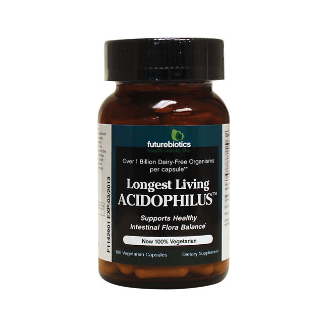 FB064 | Front view of Futurebiotics Longest Living ACIDOPHILUS probiotic bottle with black cap, 100 vegetarian capsules