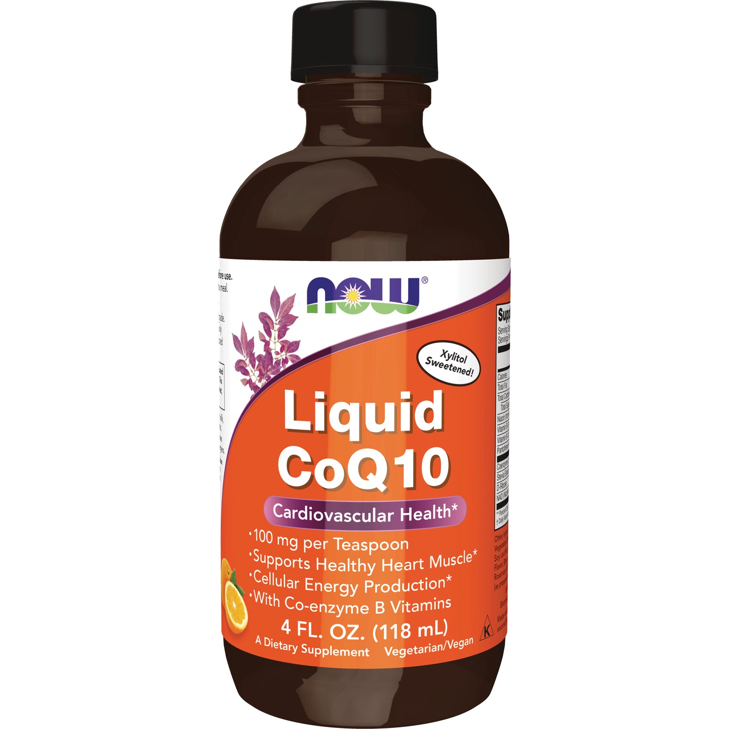 NWF175 | NOW Liquid CoQ10 supplement bottle with orange label reading Liquid CoQ10 Cardiovascular Health 4 FL. OZ (118 mL)
