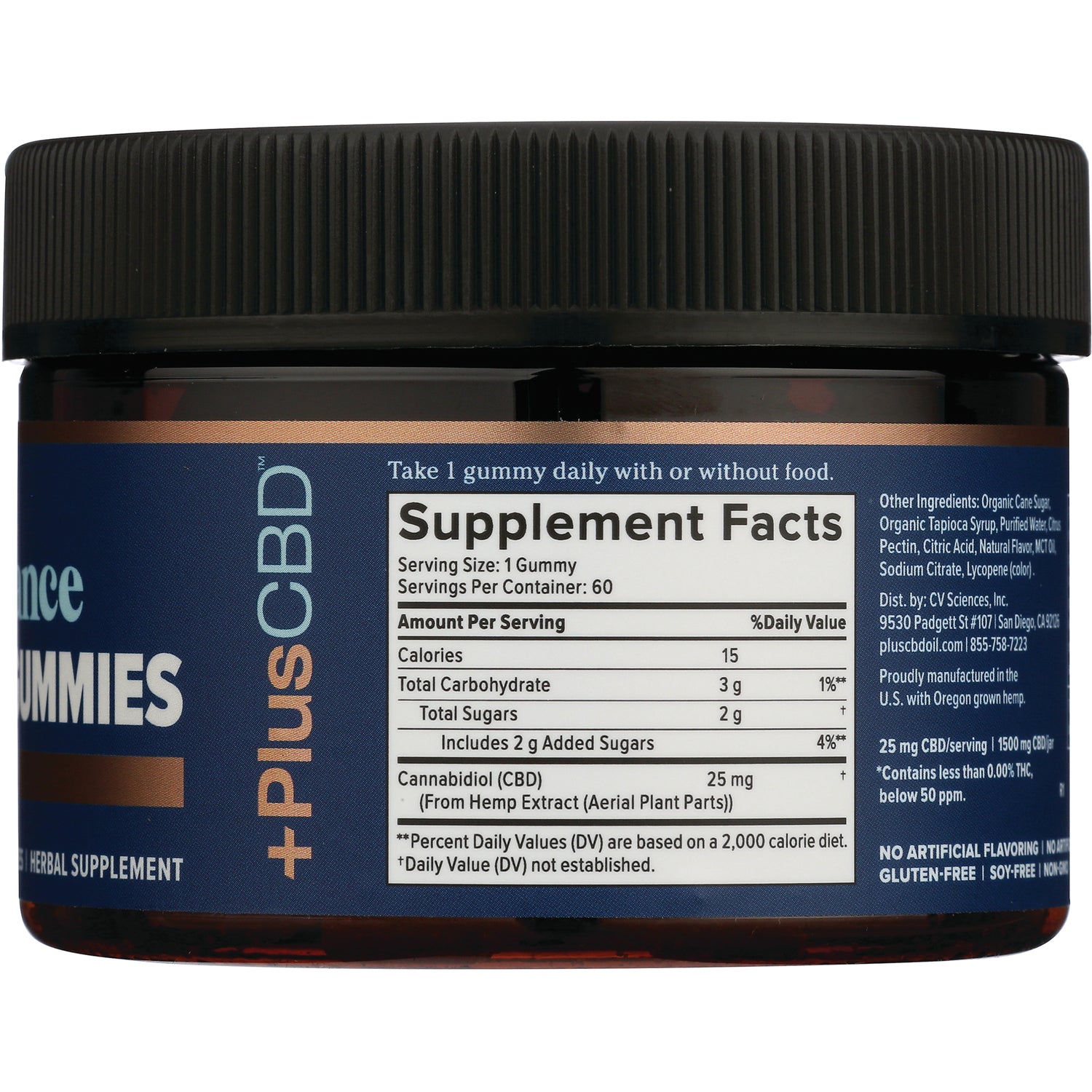 CV049 | Back of gummy supplement jar showing Supplement Facts panel, serving size, and ingredient list