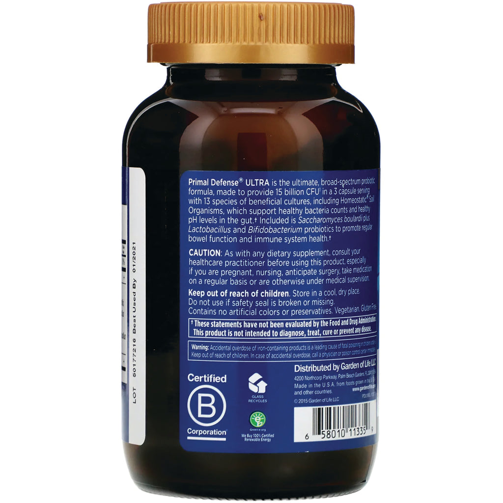 GLF069 | Back of brown supplement bottle showing blue ingredient label, caution text and barcode - Thumbnail